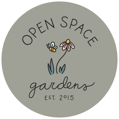 logo with dark brown text over green circle background with flower and bee in the middle