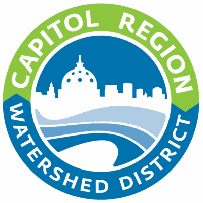 Capitol Region Watershed District logo with green and blue border and a vector image of the capitol near the river in the center