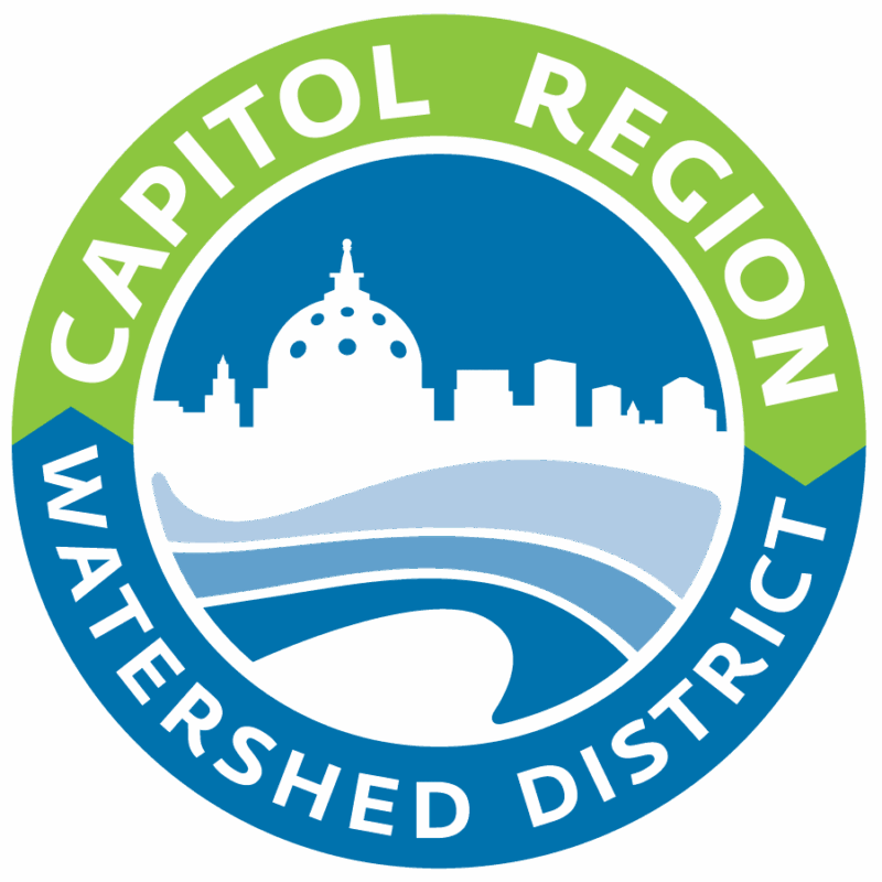 Capitol Region Watershed District logo with green and blue border and a vector image of the capitol near the river in the center
