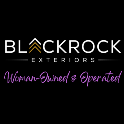 Blackrock exteriors logo with black background, women owned and operated