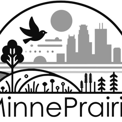 MinnePrairie logo with cityscape illustration with a skyline, river, plants, trees and birds