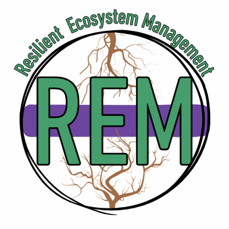 Resilient Ecosystem Management logo with forrest green text over brown roots in a circle