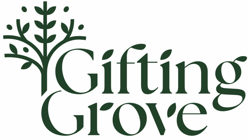 Gifting Grove logo with dark green text and a tree image