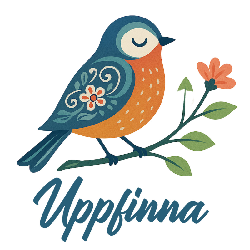 uppfinna logo with blue and orange bird illustration perched on a branch with green leaves and an orange flower