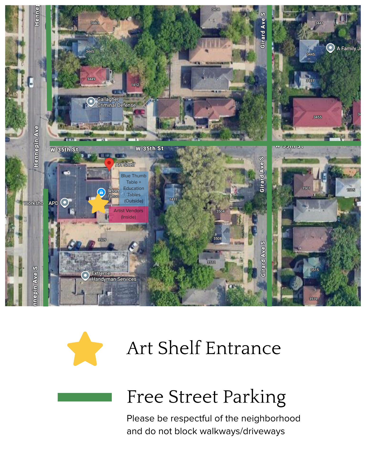 art shelf map of where the entrance is, marked by a star, and where vendors will be outside and inside, as well as street parking areas