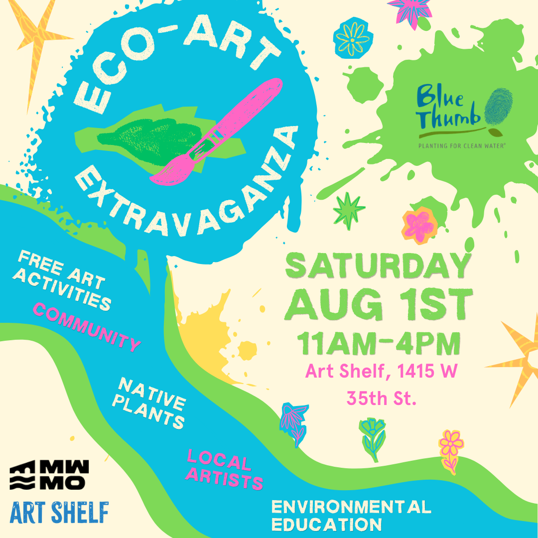 Eco-Art Extravaganza Flyer with logo and colorful paint splatters and flower illustrations